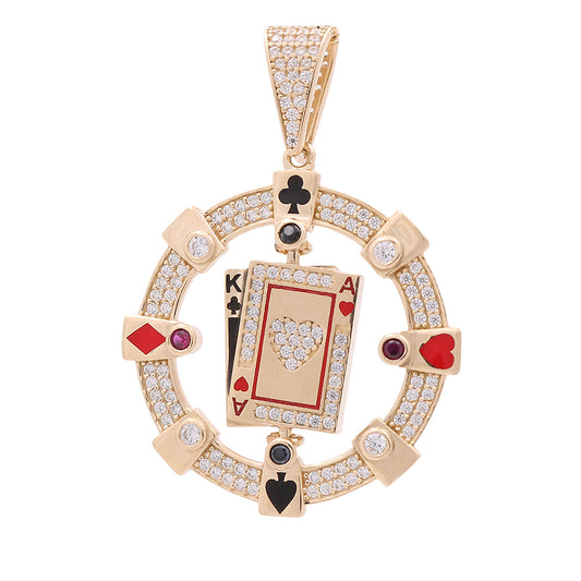 14K Yellow Gold Circle with Center Playing Cards, Color Stones and Cubic Zirconias Pendant