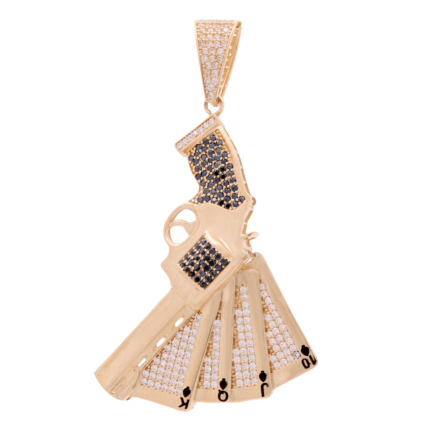 14K Yellow Gold Pistol and Playing Cards with Black Onyx and Cubic Zirconias Pendant
