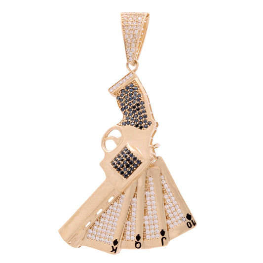 14K Yellow Gold Pistol and Playing Cards with Black Onyx and Cubic Zirconias Pendant