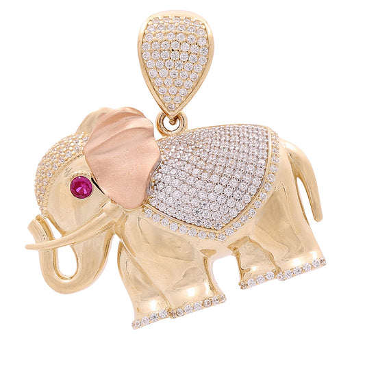 14K Yellow and Rose Gold Elephant with Color Stones and Cubic Zirconias Pendant
