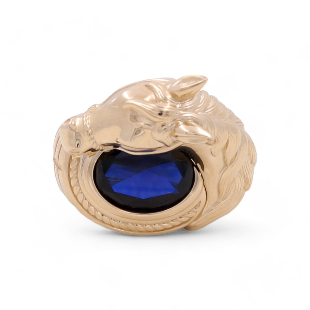 14K Yellow Gold Men Ring Horse with Blue Stone