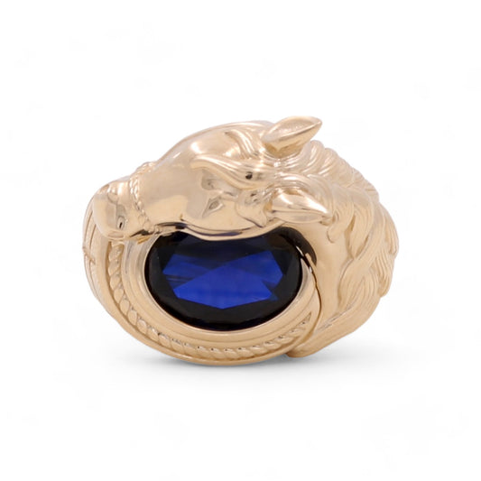 14K Yellow Gold Men Ring Horse with Blue Stone