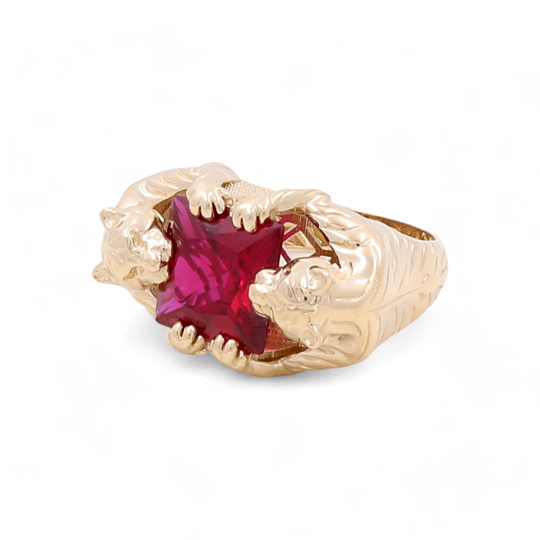 14K Yellow  Gold Panthers Ring with Ruby Stone