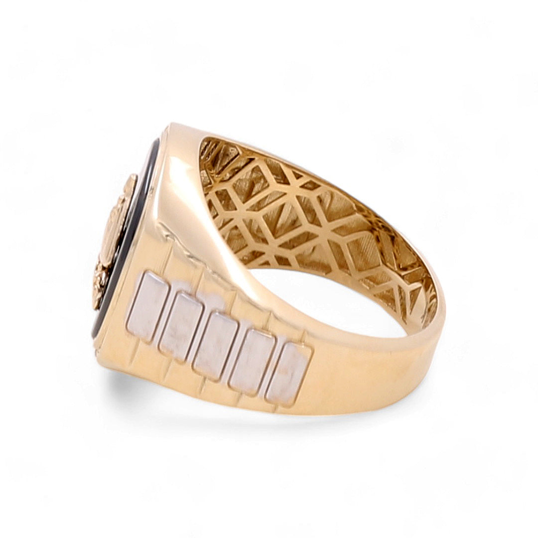 14K Yellow and White Gold Men Santa Barbara Ring with Onyx Stone