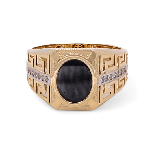 14K Yellow Gold Men Ring with Onyx Stone and Cubic Zirconias