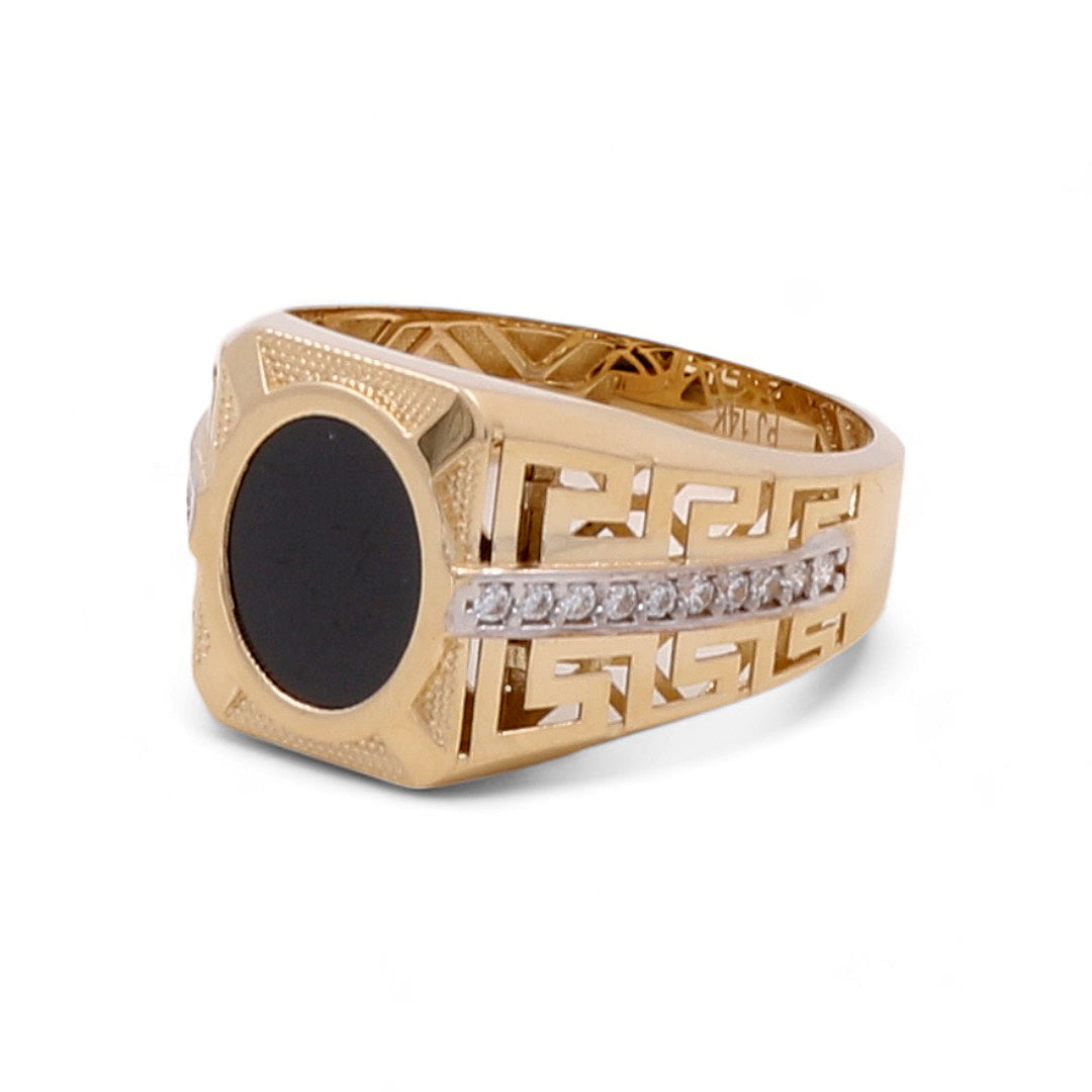 14K Yellow Gold Men Ring with Onyx Stone and Cubic Zirconias