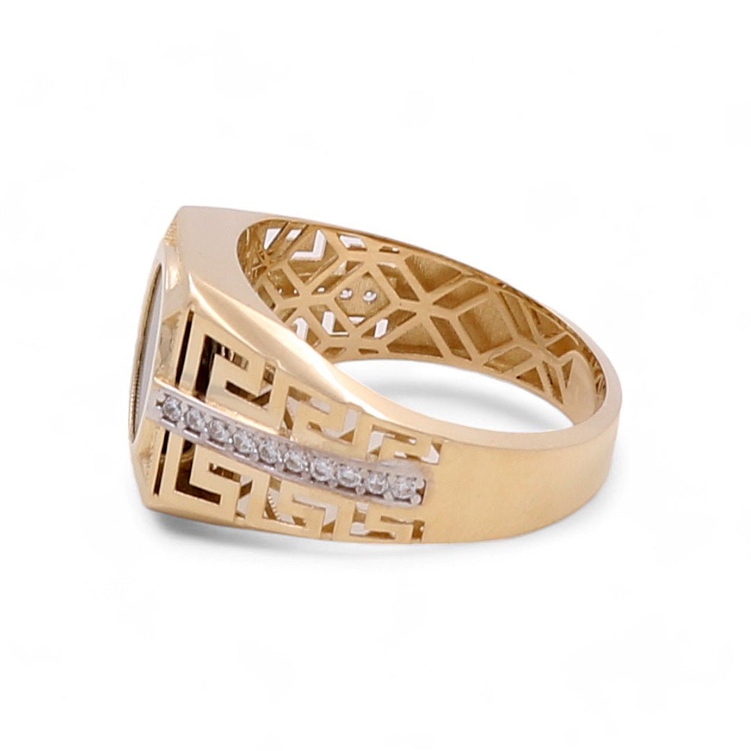 14K Yellow Gold Men Ring with Onyx Stone and Cubic Zirconias