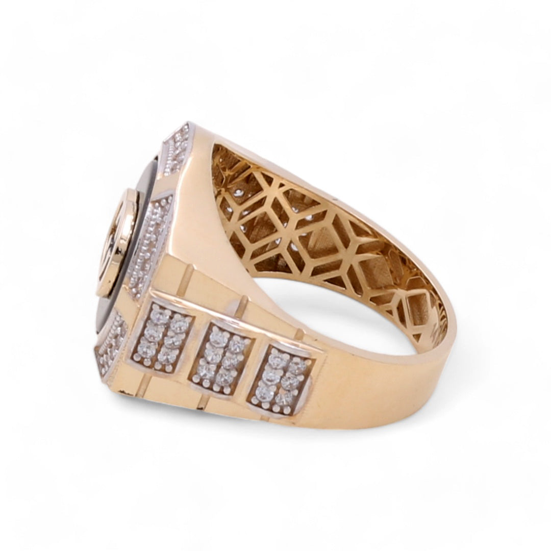 14K Yellow and White Gold Men's Fashion Ring with cubic Zirconias