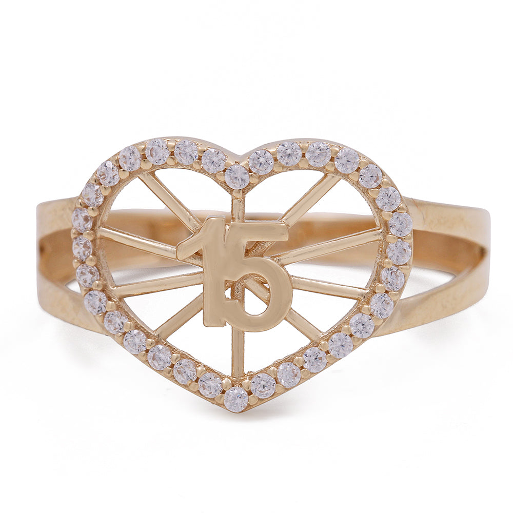 14K Yellow Gold 15 Heart Ring with Cubic Zirconias