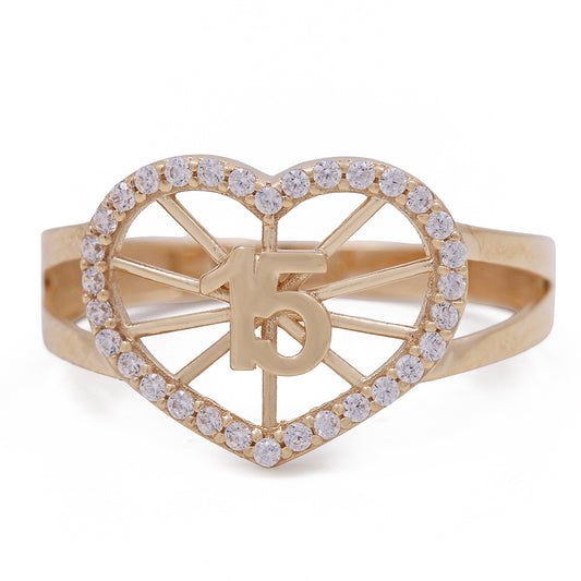 14K Yellow Gold 15 Heart Ring with Cubic Zirconias