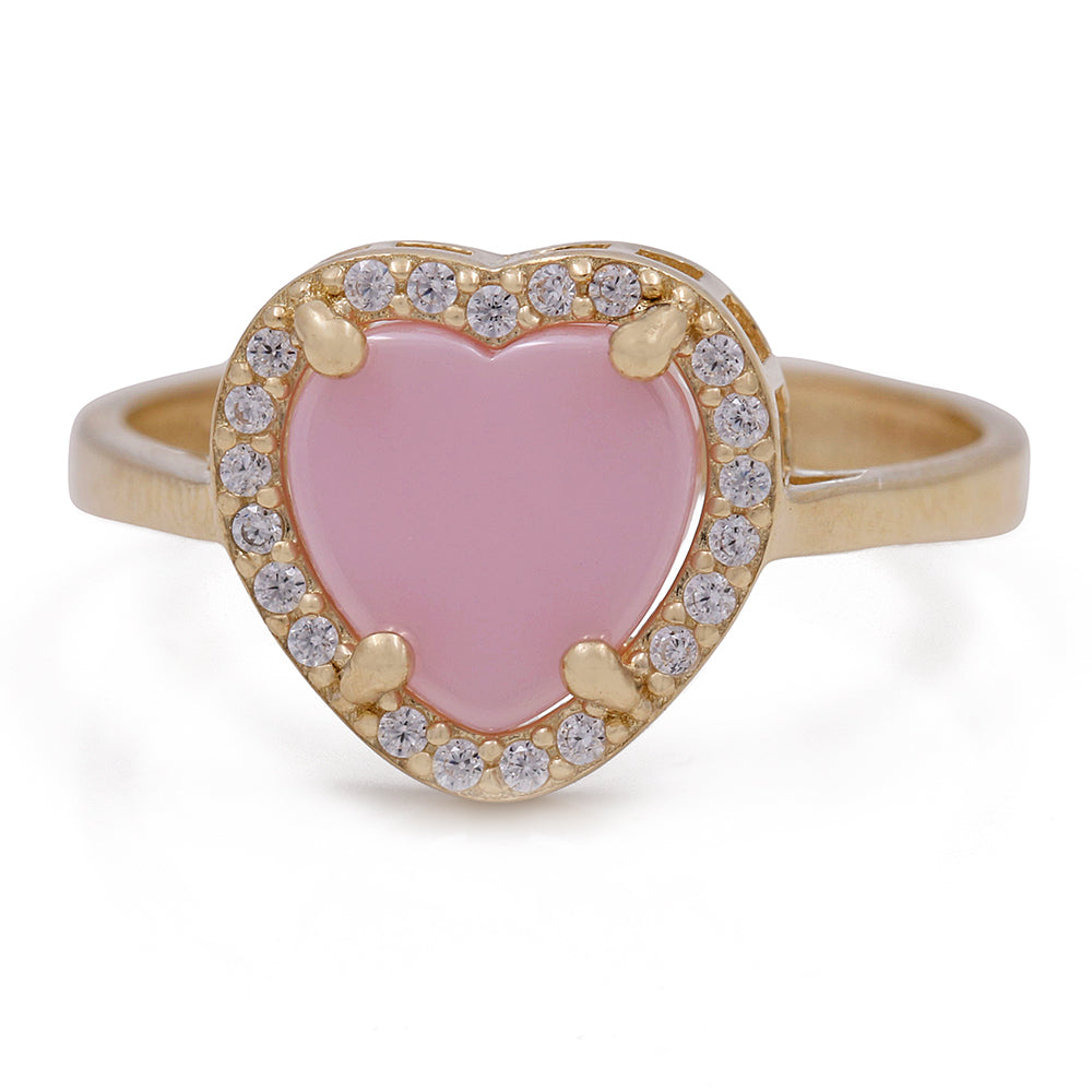 14K Yellow Gold Fashion Pink Stone Heart with Cubic Zirconias Ring