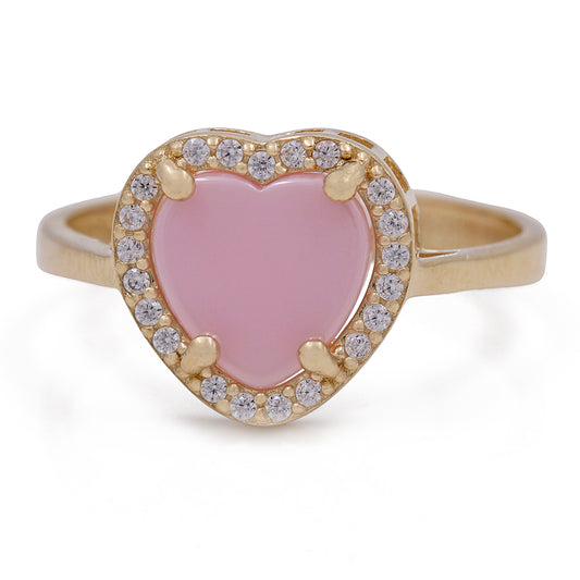 14K Yellow Gold Fashion Pink Stone Heart with Cubic Zirconias Ring