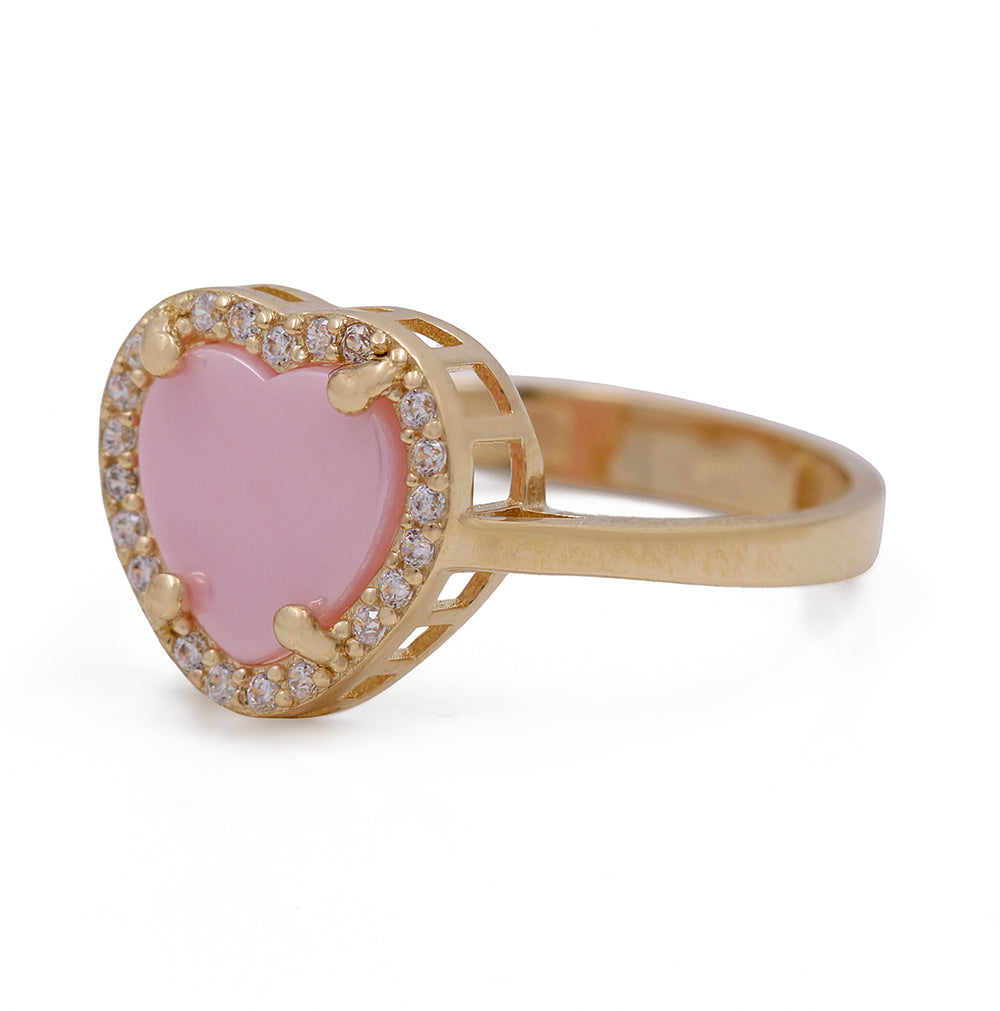 14K Yellow Gold Fashion Pink Stone Heart with Cubic Zirconias Ring