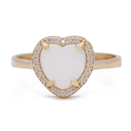 14K Yellow Gold Fashion Ring with Mother of Pearl Heart Center Stone and Cubic Zirconias