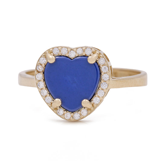 14K Yellow Gold Fashion Ring with Blue Heart Center Stone and Cubic Zirconias