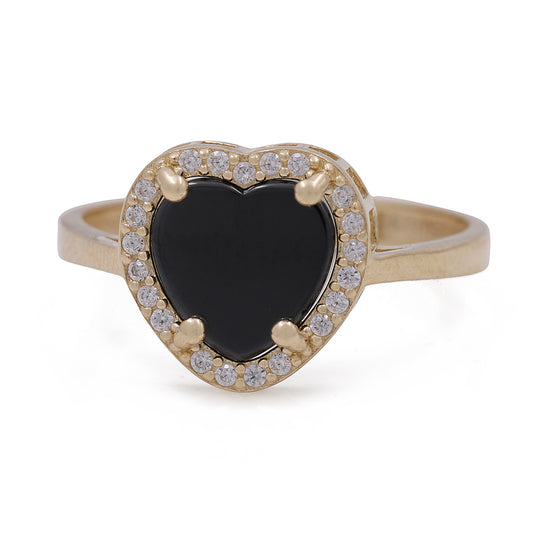 14K Yellow Gold Fashion Ring with Onyx Heart Center Stone and Cubic Zirconias