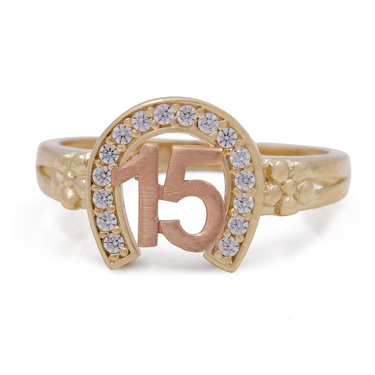 14K Yellow and Rose Gold 15 Horseshoe Ring with Cubic Zirconias