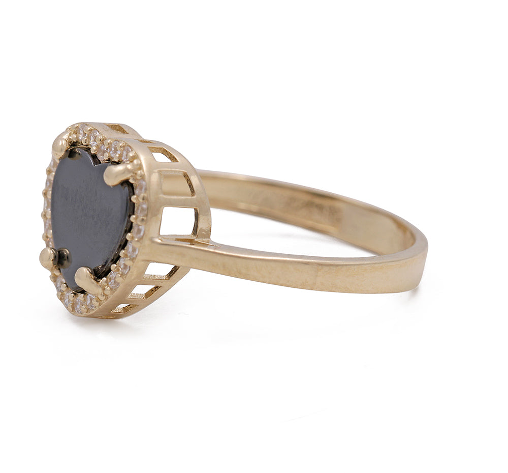 14K Yellow Gold Fashion Ring with Onyx Heart Center Stone and Cubic Zirconias
