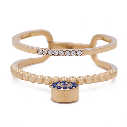 14K Yellow Gold with Blue Stone Bead and Cubic Zirconias Ring