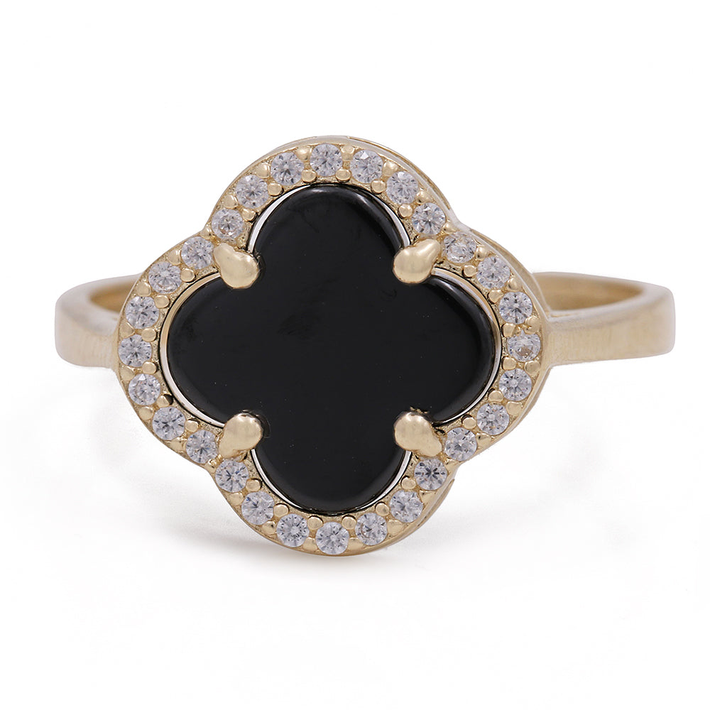 14K Yellow Gold Fashion Ring with Onyx Flower Center Stone and Cubic Zirconias