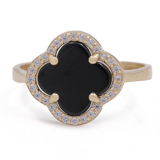 14K Yellow Gold Fashion Ring with Onyx Flower Center Stone and Cubic Zirconias