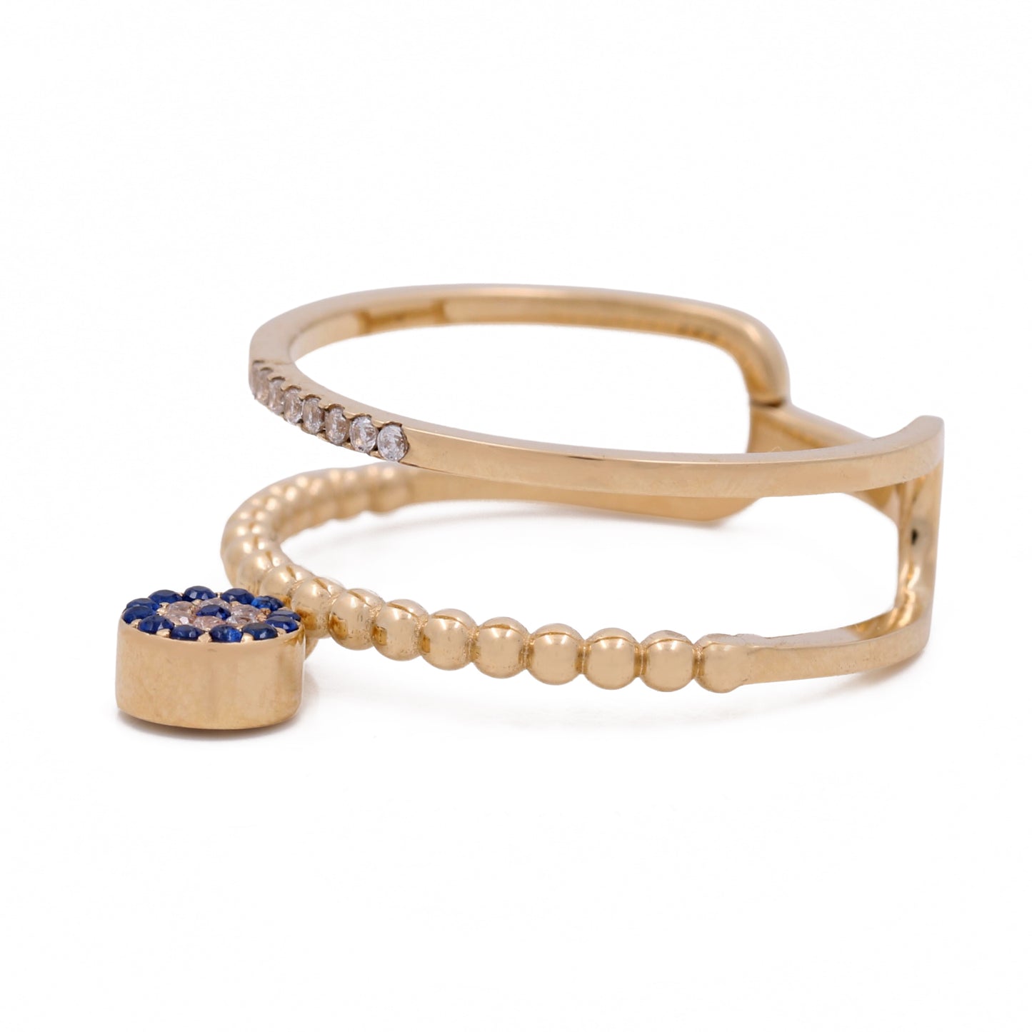 14K Yellow Gold with Blue Stone Bead and Cubic Zirconias Ring