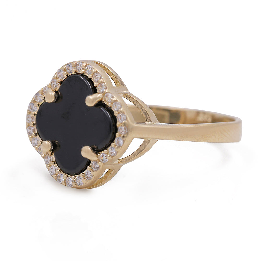 14K Yellow Gold Fashion Ring with Onyx Flower Center Stone and Cubic Zirconias