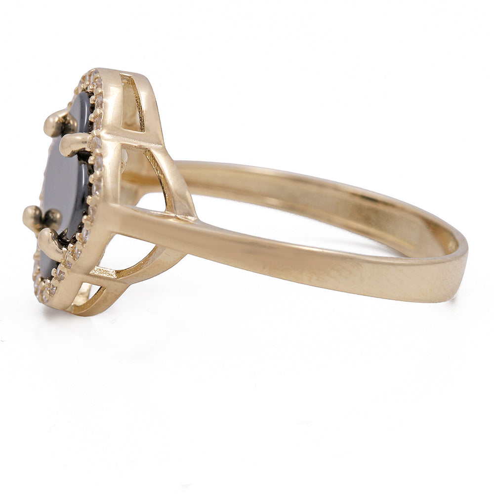 14K Yellow Gold Fashion Ring with Onyx Flower Center Stone and Cubic Zirconias