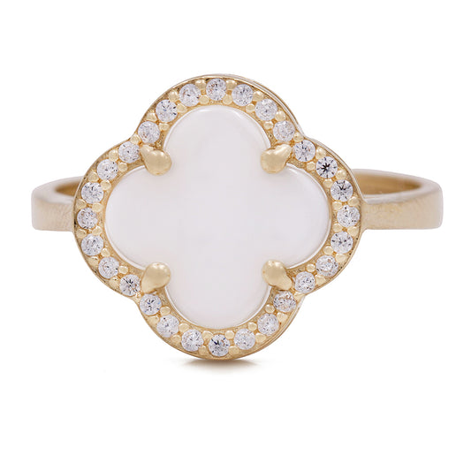 14K Yellow Gold Fashion Ring with Mother of Pearl and Cubic Zirconias