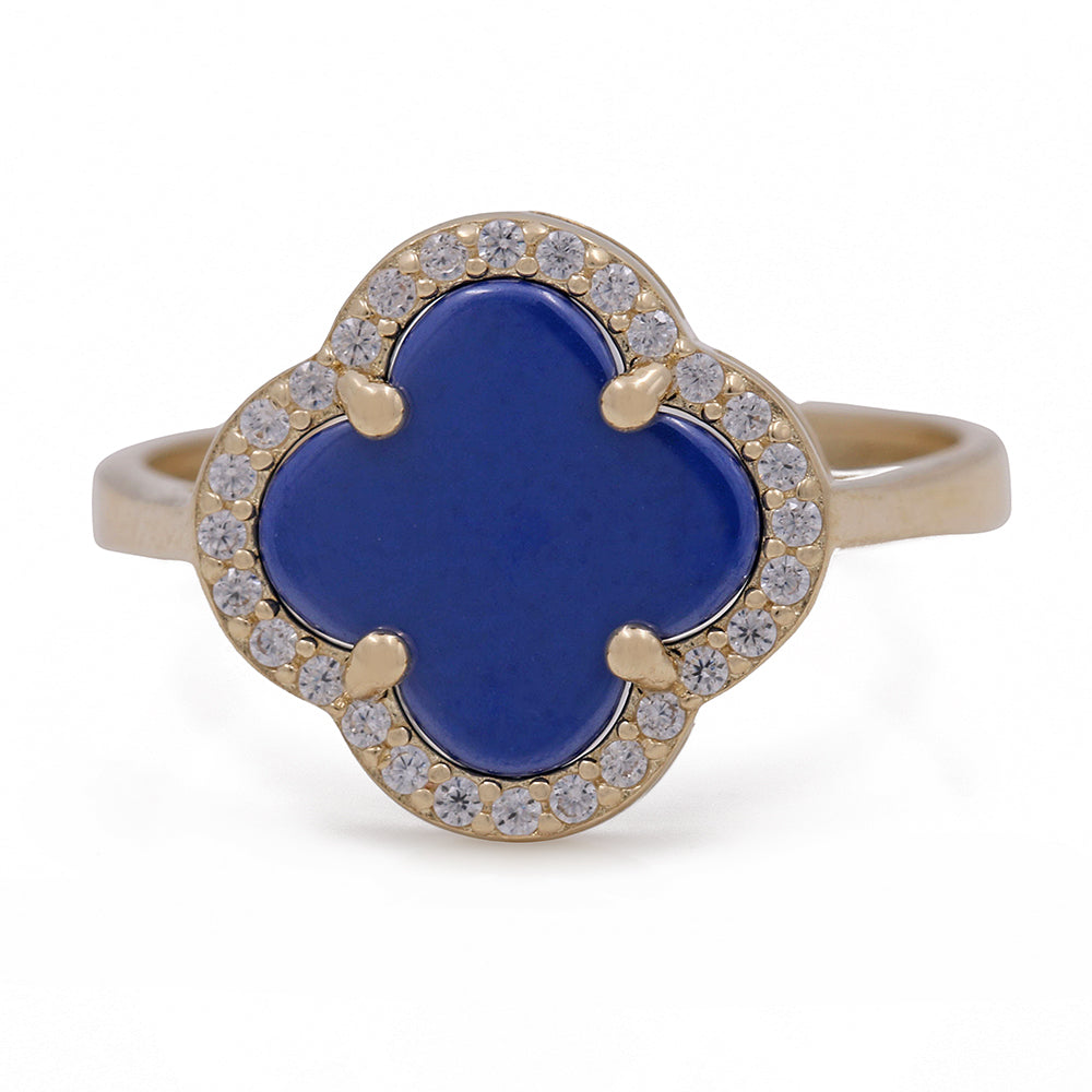 14K Yellow Gold Fashion Ring with Blue Color Stone and Cubic Zirconias