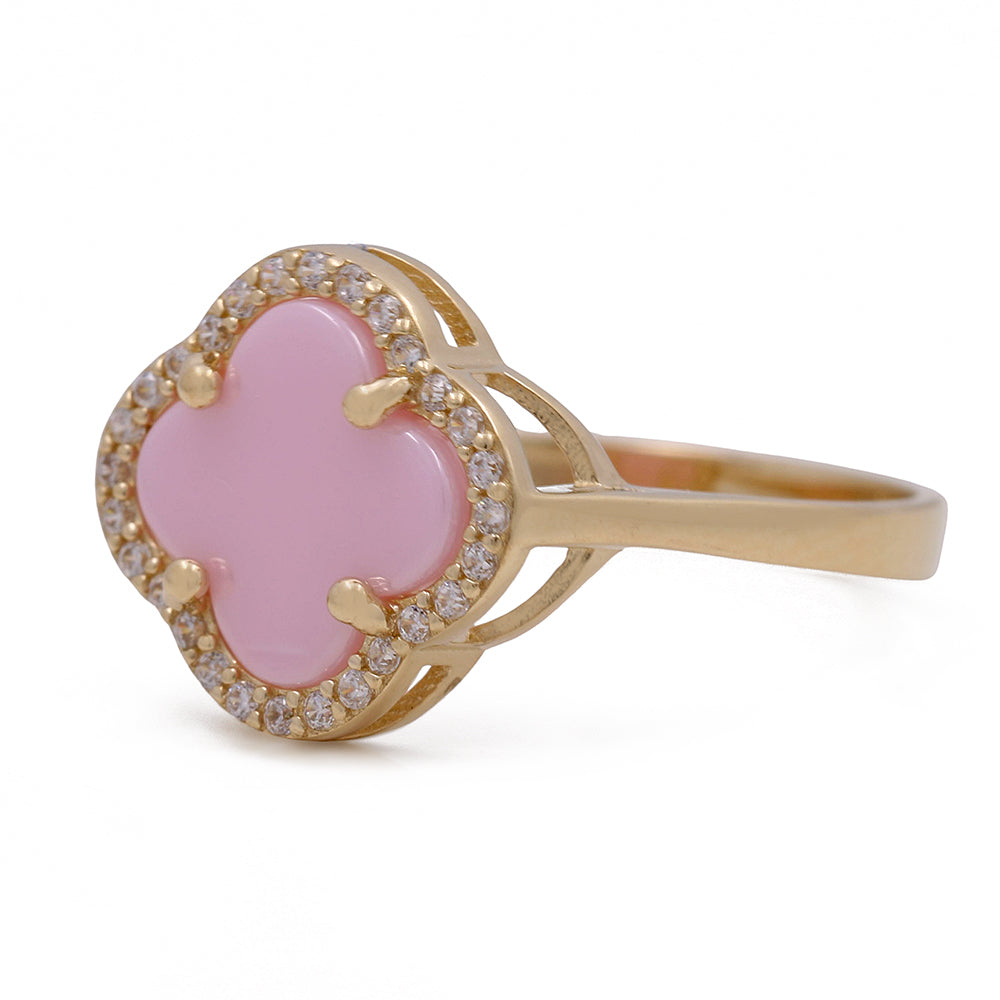 14K Yellow Gold Fashion Ring with Pink Color Stone and Cubic Zirconias