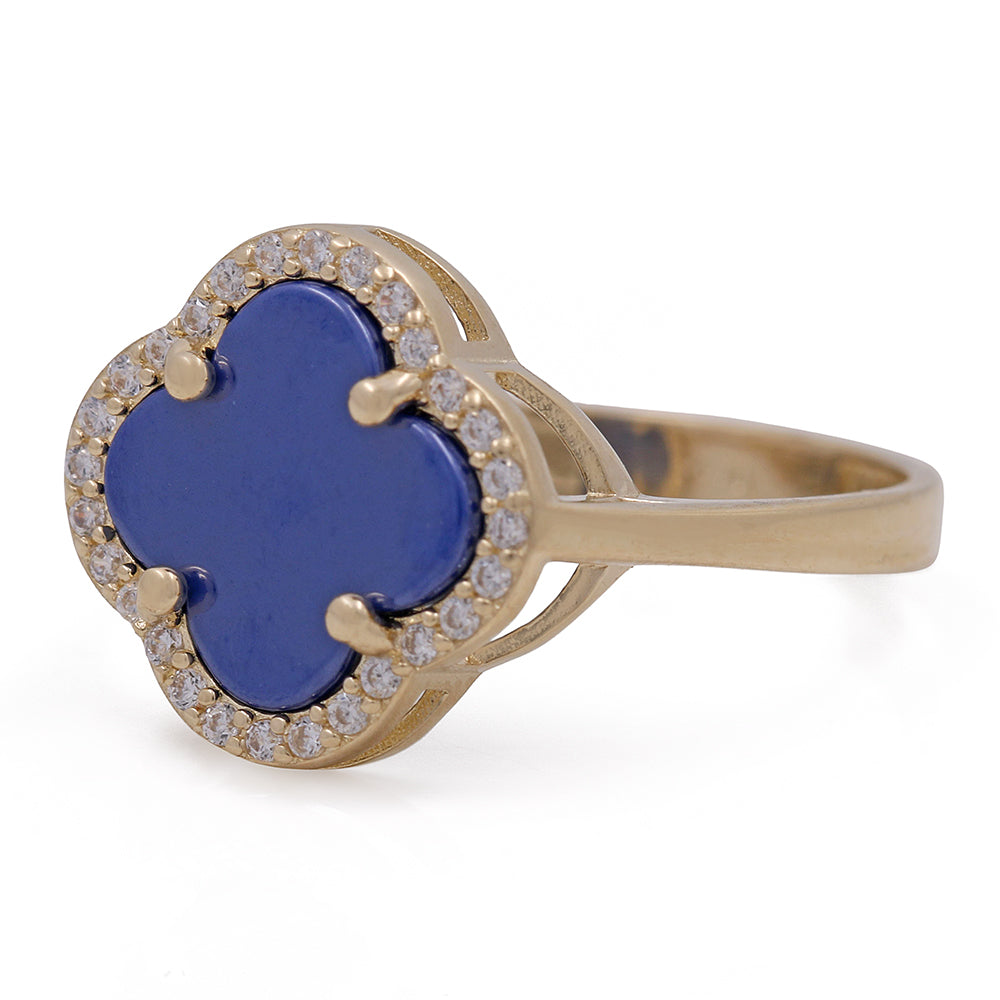 14K Yellow Gold Fashion Ring with Blue Color Stone and Cubic Zirconias