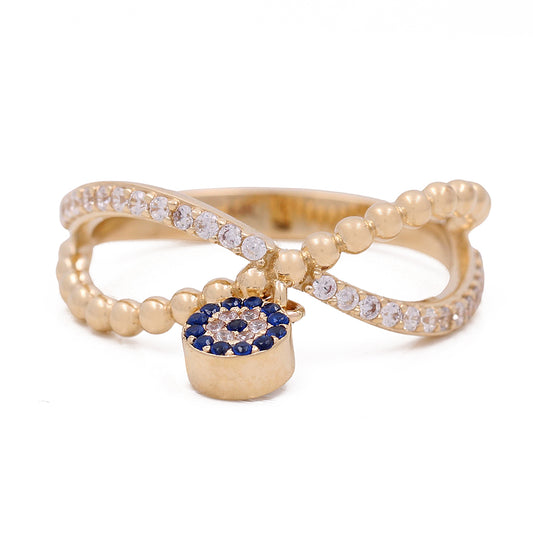 14K Yellow Gold with Blue Stone Bead and Cubic Zirconias Ring