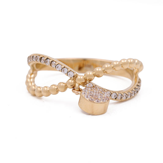 14K Yellow Gold with Pink Stone Bead and Cubic Zirconias Ring