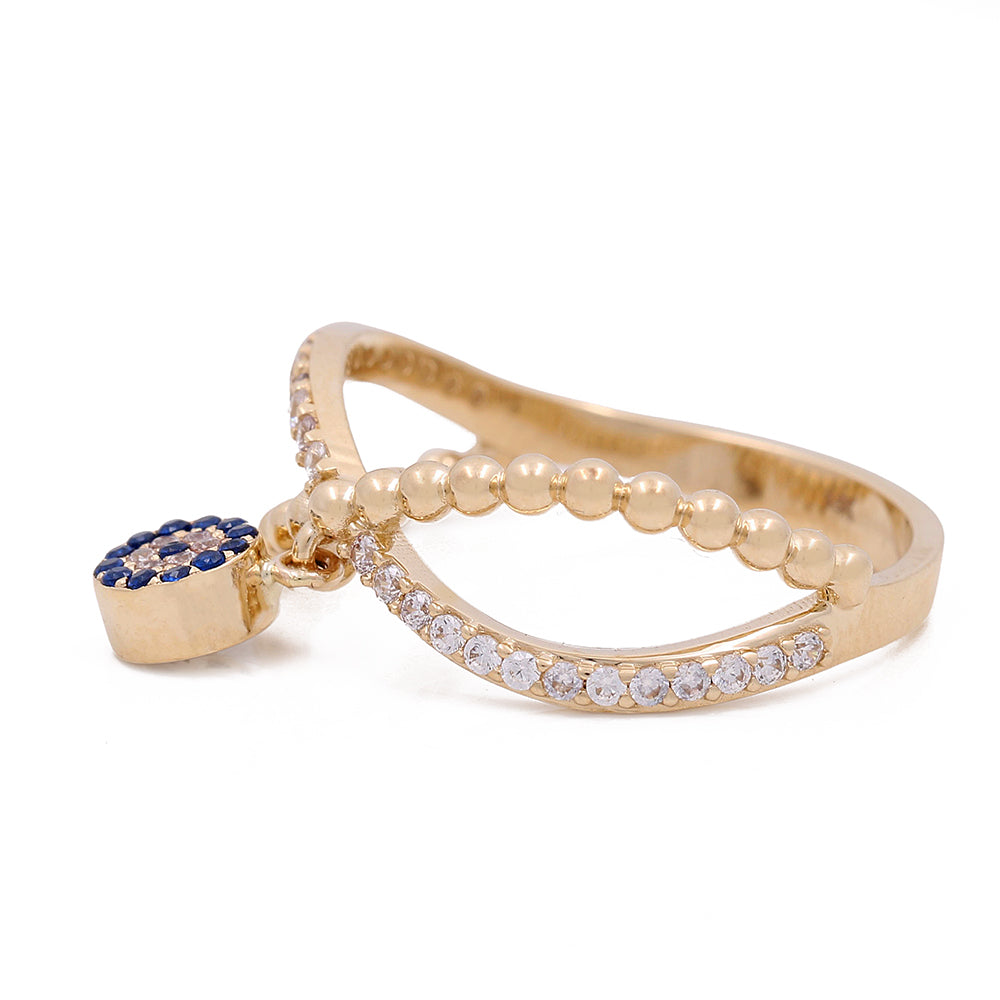 14K Yellow Gold with Blue Stone Bead and Cubic Zirconias Ring