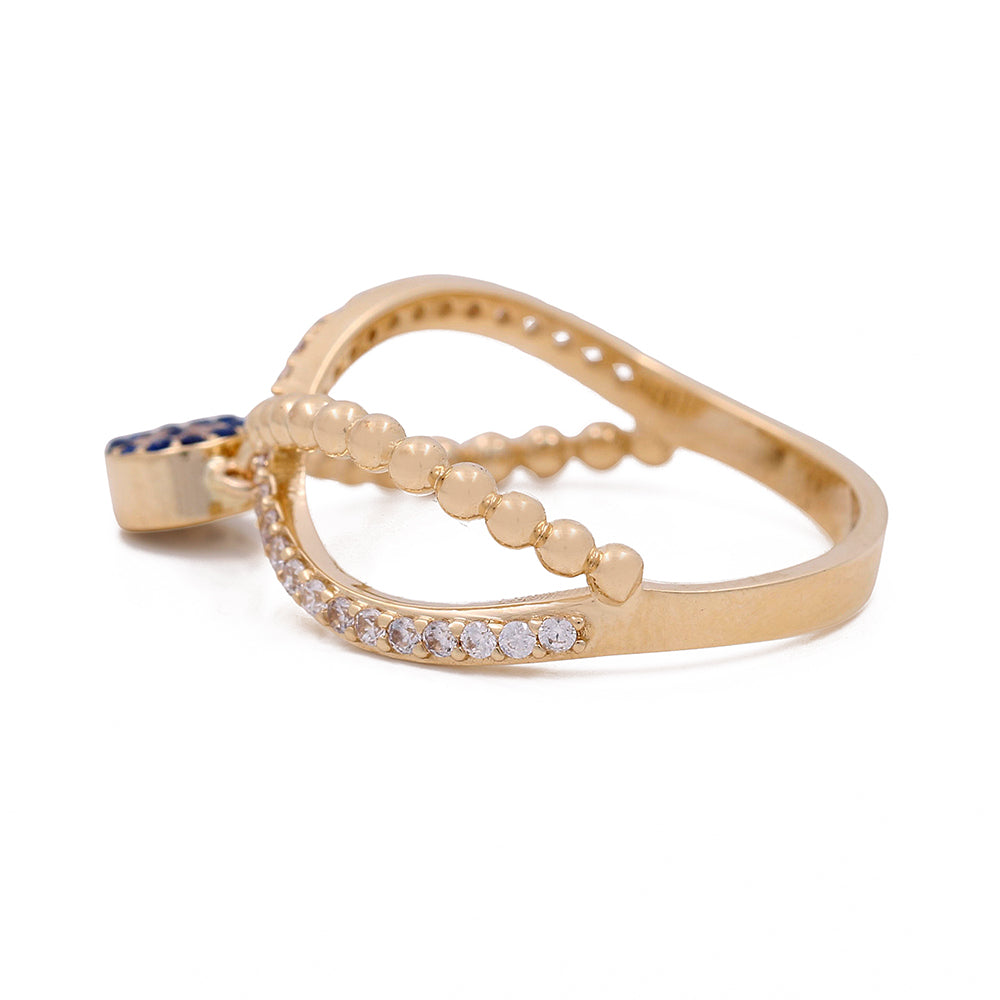 14K Yellow Gold with Blue Stone Bead and Cubic Zirconias Ring