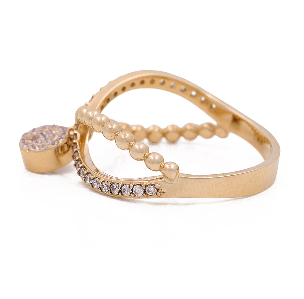14K Yellow Gold with Pink Stone Bead and Cubic Zirconias Ring