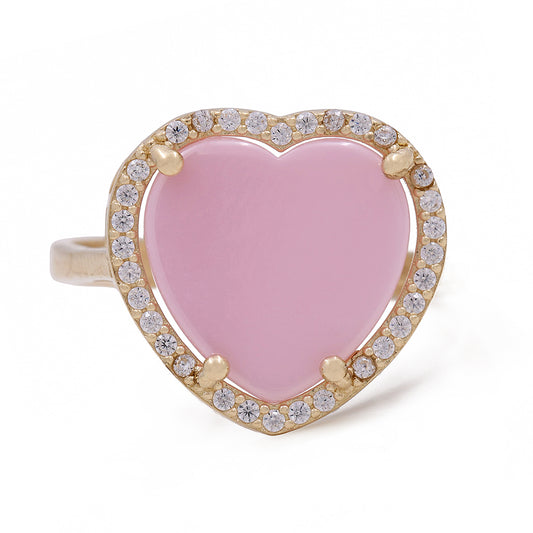 14K Yellow Gold Fashion Pink Stone Heart with Cubic Zirconias Ring