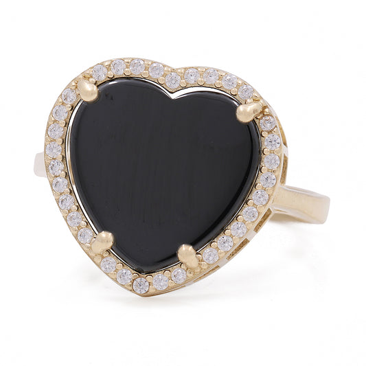 14K Yellow Gold Fashion Ring with Onyx Heart Center Stone and Cubic Zirconias