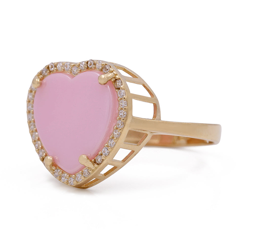 14K Yellow Gold Fashion Pink Stone Heart with Cubic Zirconias Ring
