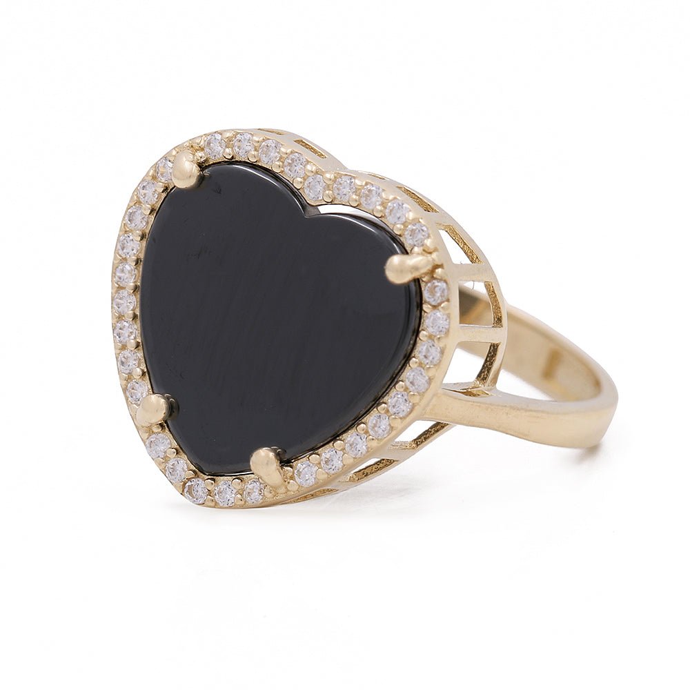 14K Yellow Gold Fashion Ring with Onyx Heart Center Stone and Cubic Zirconias