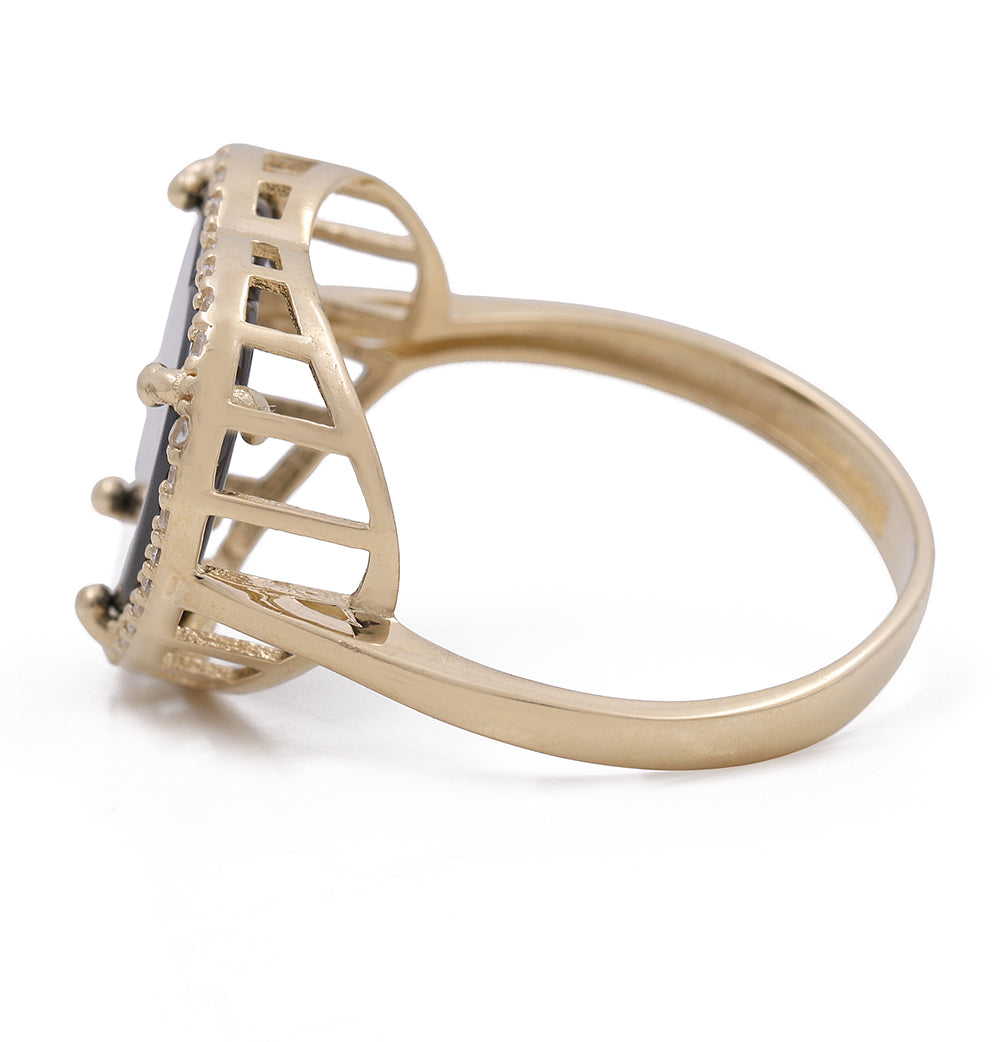 14K Yellow Gold Fashion Ring with Onyx Heart Center Stone and Cubic Zirconias