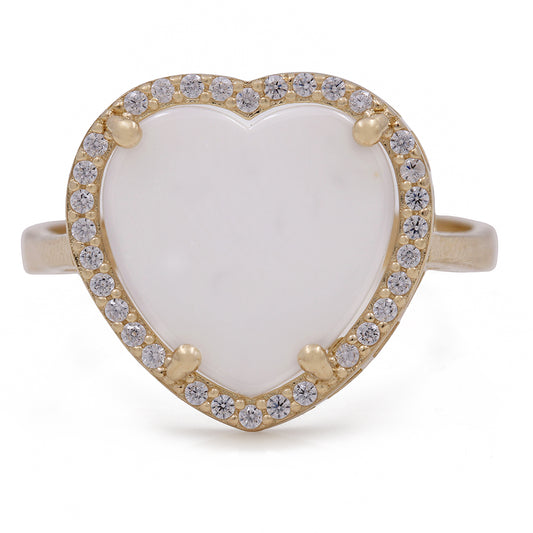 14K Yellow Gold Fashion Ring with Mother of Pearl Heart Center Stone and Cubic Zirconias