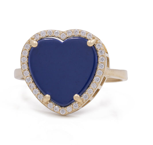 14K Yellow Gold Fashion Ring with Blue Heart Center Stone and Cubic Zirconias