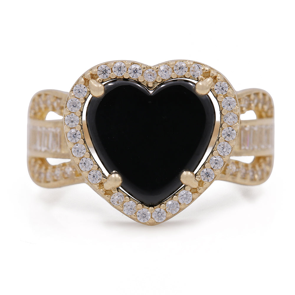 14K Yellow Gold Fashion Ring with Onyx Heart Center Stone and Cubic Zirconias