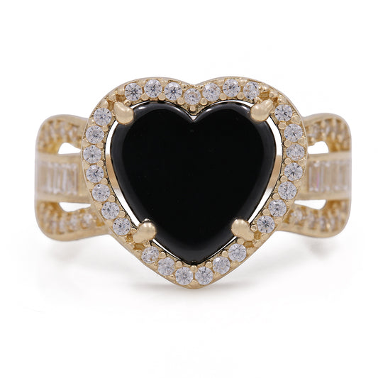 14K Yellow Gold Fashion Ring with Onyx Heart Center Stone and Cubic Zirconias