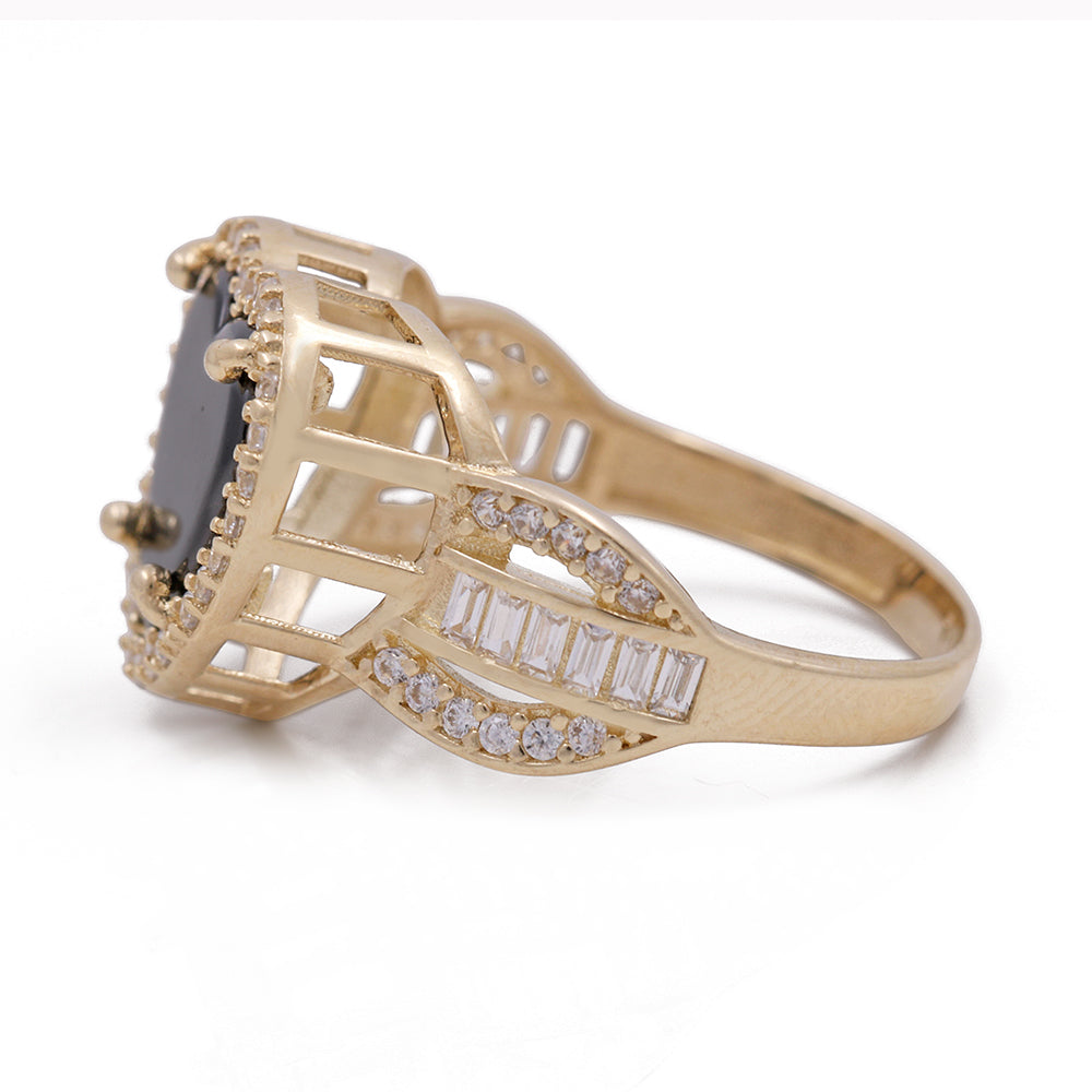 14K Yellow Gold Fashion Ring with Onyx Heart Center Stone and Cubic Zirconias