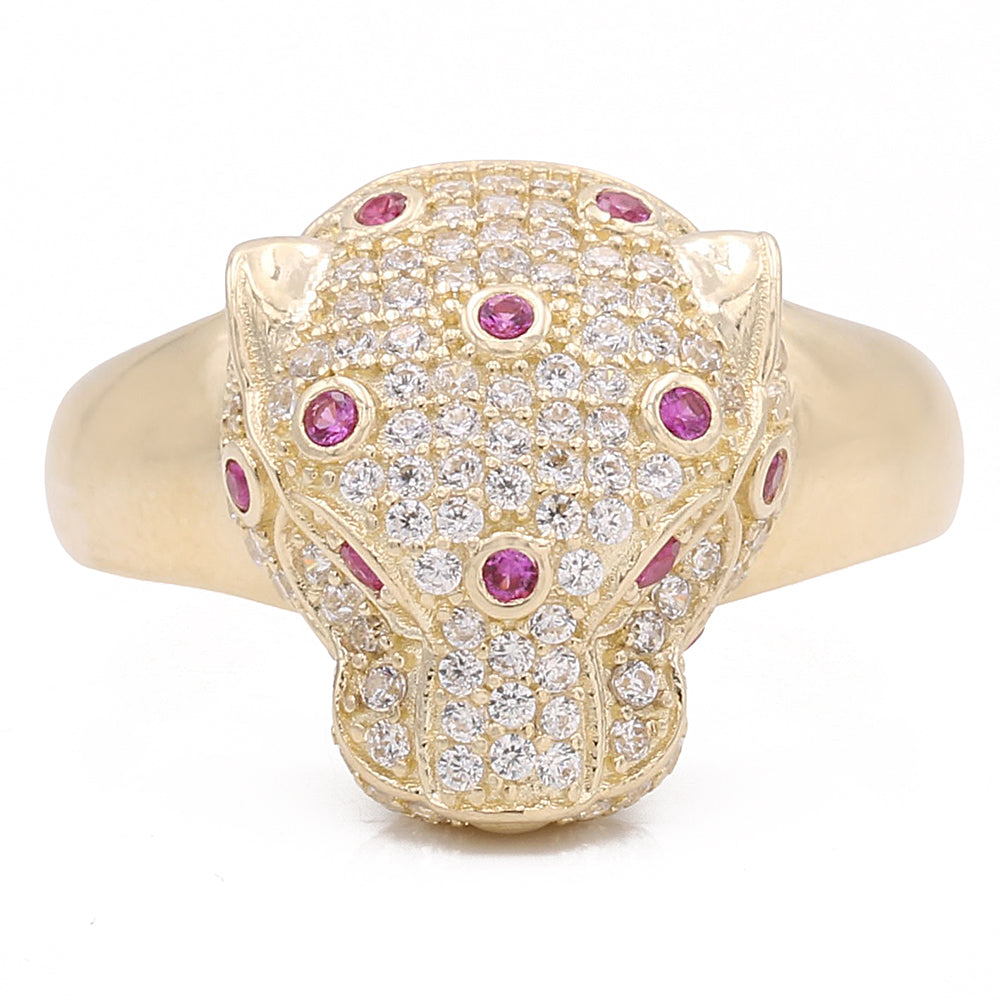 14K Yellow Gold Fashion Panther Ring with Pink Color Stone and Cubic Zirconias