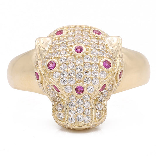 14K Yellow Gold Fashion Panther Ring with Pink Color Stone and Cubic Zirconias