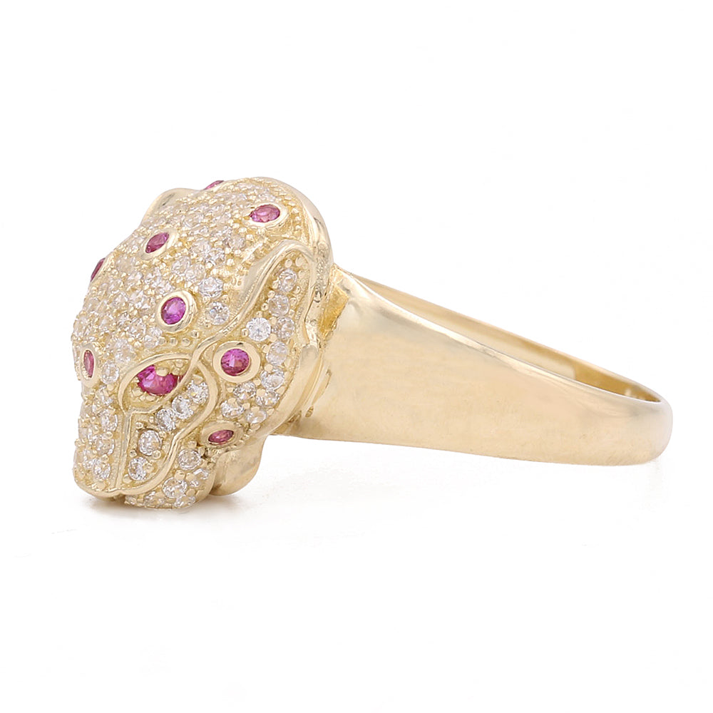 14K Yellow Gold Fashion Panther Ring with Pink Color Stone and Cubic Zirconias